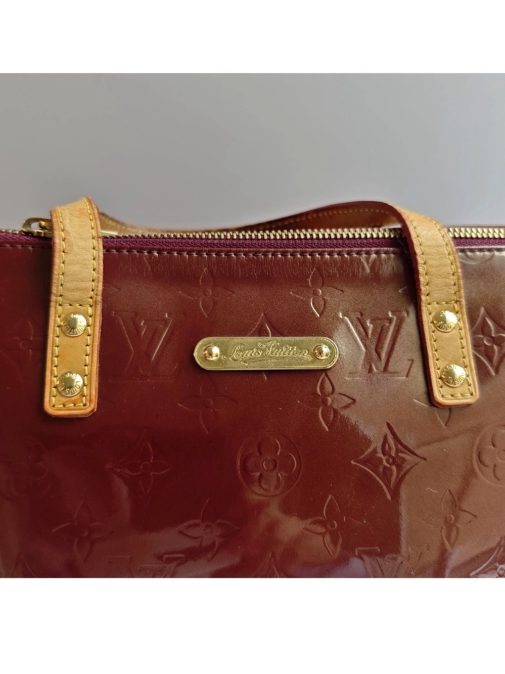 Louis Vuitton Patent Vernis Red-Brown Tote with Tan Handles - Picture 2 of 13